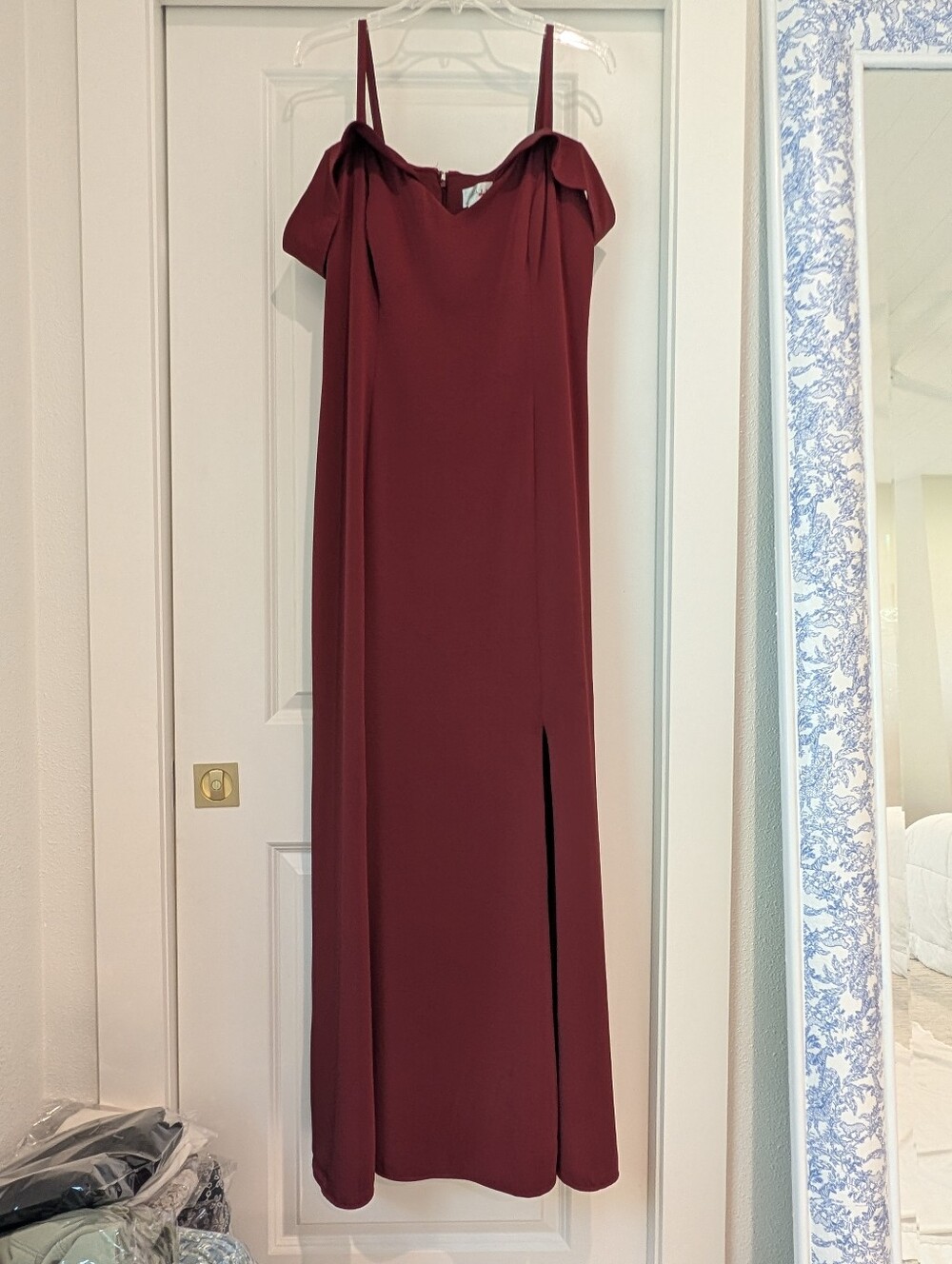 Fabrizi Off-Shoulder Burgundy Maxi Dress with High Side Slit Size 16